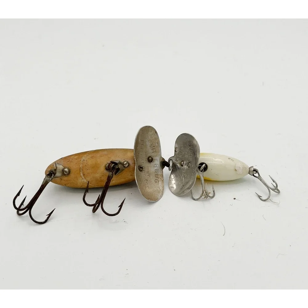 2 Vintage Fred Arbogast Jitterbug Fishing Lures Frog Pattern Topwater Bass Akron